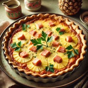 Een goudbruin gebakken zalmquiche, belegd met schijfjes ananas en gegarneerd met verse peterselie. De quiche heeft een knapperige bladerdeegkorst en een romige vulling met zichtbare stukjes zalm. Geserveerd in een rustieke bakvorm in een gezellige vintage keuken met pastelkleuren en retro-accenten, verlicht door zacht natuurlijk licht dat de warme kleuren en texturen benadrukt.