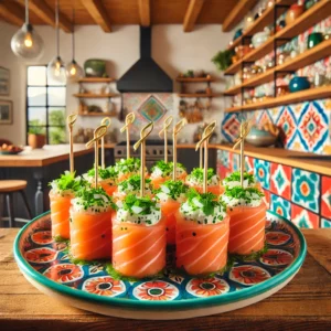Een kleurrijk bord met zalmrolletjes gevuld met kruidenroomkaas, gegarneerd met fijngehakte uitjes, gepresenteerd in een moderne Mexicaanse keuken met houten werkbladen en kleurrijke tegels. De rolletjes zijn vastgezet met cocktailprikkers en liggen netjes gerangschikt op het bord