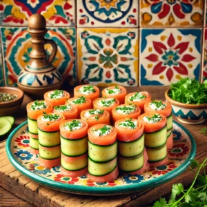 Zalmrolletjes met courgette en kruidenkaas, gepresenteerd in een kleurrijke Mexicaanse keuken met levendige tegels en rustieke houten accenten. De rolletjes zijn gevuld met zachte kruidenkaas en subtiel gegarneerd met verse kruiden.