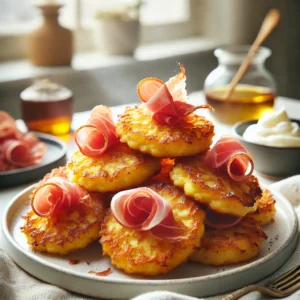 Kleine, goudbruine aardappelflensjes, gegarneerd met knapperige reepjes rauwe ham, geserveerd op een bord in een lichte, gezellige keuken. Er is een beetje crème fraîche bij voor dippen. De natuurlijke verlichting benadrukt de luchtige textuur en warme uitstraling van de flensjes.