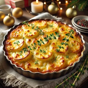 Romige aardappelgratin met Gruyère en tijm, gebakken tot een goudbruine bovenkant, geserveerd in een rustieke ovenschaal. Versierd met verse tijmblaadjes in een warme, feestelijke keuken met kerstdecoraties en natuurlijk licht dat de romige laagjes benadrukt.