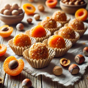 Heerlijke abrikozen-hazelnotenballetjes, zorgvuldig geplaatst in papieren bonbonvormpjes op een rustieke houten tafel. De feloranje kleur van de abrikozen contrasteert mooi met de goudbruine stukjes geroosterde hazelnoten. Verspreide hazelnoten, gedroogde abrikozen en een licht linnen doek voegen textuur toe aan de frisse en uitnodigende presentatie. 🍑🌰✨