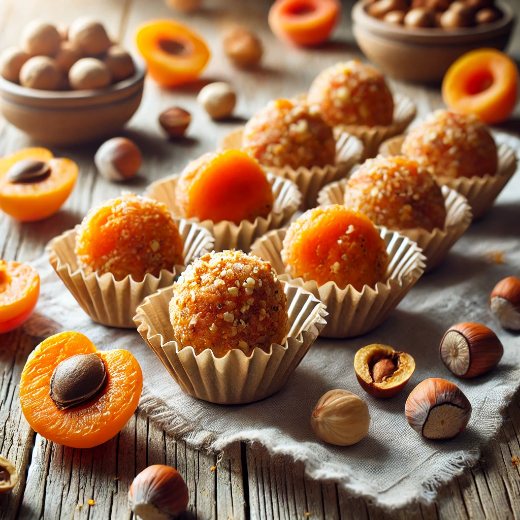 Heerlijke abrikozen-hazelnotenballetjes, zorgvuldig geplaatst in papieren bonbonvormpjes op een rustieke houten tafel. De feloranje kleur van de abrikozen contrasteert mooi met de goudbruine stukjes geroosterde hazelnoten. Verspreide hazelnoten, gedroogde abrikozen en een licht linnen doek voegen textuur toe aan de frisse en uitnodigende presentatie. 🍑🌰✨