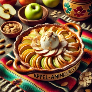 Een sfeervolle Mexicaans geïnspireerde presentatie van 'Appel-Amandeldessert'. Het dessert wordt geserveerd in een rustieke keramische ovenschaal met een goudbruin bladerdeegdeksel, versierd met kunstige appeldecoraties en bestoven met poedersuiker. Verse appelschijfjes, amandelschaafsel en een bolletje vanille-ijs maken het geheel af. De setting is aangekleed met warme houten tafelaccenten en kleurrijke Mexicaanse textielachtergrond, wat een uitnodigende sfeer creëert.