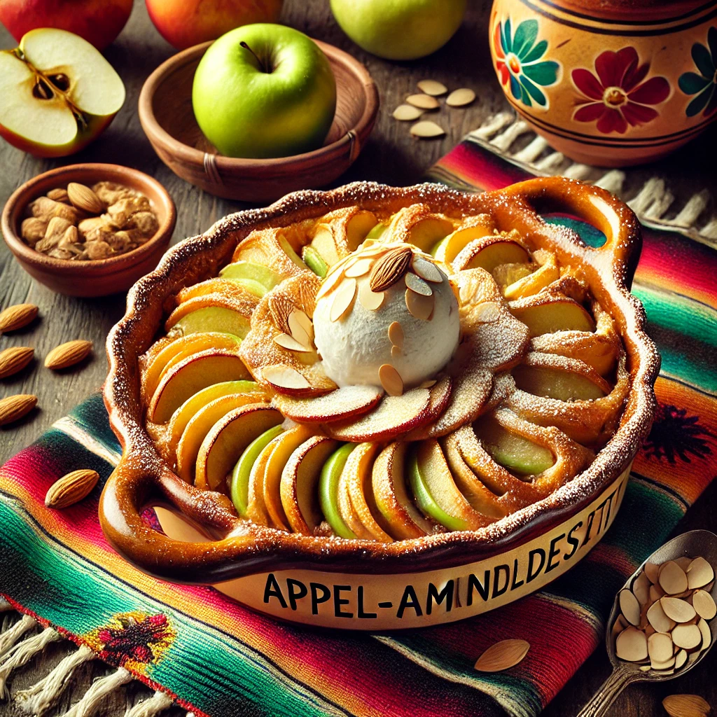 Een sfeervolle Mexicaans geïnspireerde presentatie van 'Appel-Amandeldessert'. Het dessert wordt geserveerd in een rustieke keramische ovenschaal met een goudbruin bladerdeegdeksel, versierd met kunstige appeldecoraties en bestoven met poedersuiker. Verse appelschijfjes, amandelschaafsel en een bolletje vanille-ijs maken het geheel af. De setting is aangekleed met warme houten tafelaccenten en kleurrijke Mexicaanse textielachtergrond, wat een uitnodigende sfeer creëert.