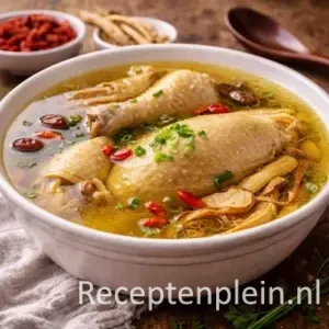 Authentieke Chinese kippenbouillon in een diepe keramische kom met heldere bouillon, kippenbout, gojibessen, lente-ui en gember, geserveerd op een rustieke houten tafel met kruiden, een houten lepel en een linnen doek bij warm natuurlijk licht.
