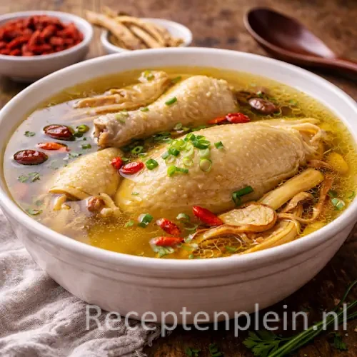 Authentieke Chinese kippenbouillon in een diepe keramische kom met heldere bouillon, kippenbout, gojibessen, lente-ui en gember, geserveerd op een rustieke houten tafel met kruiden, een houten lepel en een linnen doek bij warm natuurlijk licht.