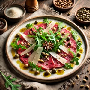 Een natuurlijke en elegante presentatie van carpaccio van ossenhaas, dun gesneden en gegarneerd met verse rucola, geschaafde Parmezaanse kaas, geroosterde pijnboompitten en kappertjes. Het gerecht wordt geserveerd op een rustiek bord met een druppel knoflook-olijfolie. De setting bevat een eenvoudige, natuurlijke houten tafel met zachte verlichting en minimale decoratie, wat zorgt voor een verfijnde maar uitnodigende eetervaring.