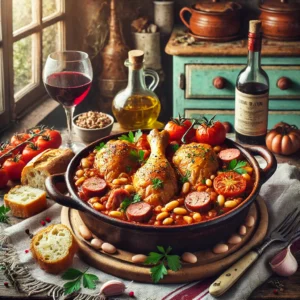 Een gezellige en rustieke foto van Franse cassoulet met kippenbouten en kippenworsten, geserveerd in een traditionele aarden pot. Het gerecht bevat goudbruine kippenbouten, malse kippenworsten, witte bonen, tomatenblokjes en buikspek in een rijke tomaten- en rodewijnsaus. De pot is gegarneerd met verse peterselie en staat op een houten tafel, omringd door rustieke details zoals knapperig brood en verse kruiden. De setting toont een vintage keuken met houten werkbladen, pastelgroene en blauwe kastjes, en zacht natuurlijk licht dat door een raam valt, wat zorgt voor een warme en uitnodigende sfeer.