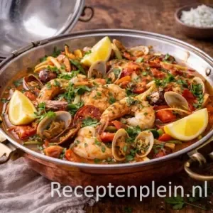 Portugese cataplana met garnalen, schelpdieren, chorizo en groenten in een koperen pan, geserveerd op een rustieke houten tafel met citroenpartjes, verse kruiden, een schaaltje rijst en een linnen doek bij warm natuurlijk licht.
