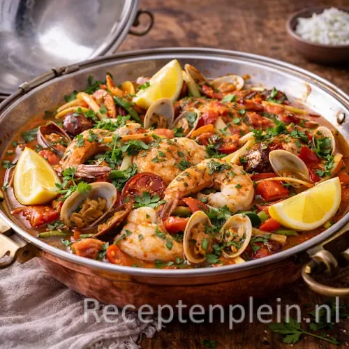 Portugese cataplana met garnalen, schelpdieren, chorizo en groenten in een koperen pan, geserveerd op een rustieke houten tafel met citroenpartjes, verse kruiden, een schaaltje rijst en een linnen doek bij warm natuurlijk licht.