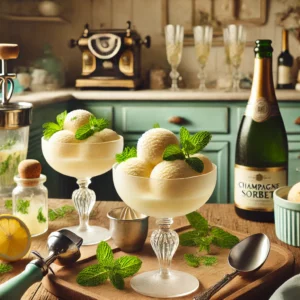 Een luxueuze en feestelijke foto van champagne sorbet, geserveerd in elegante kristallen dessertglazen. De sorbet heeft een bleke, romige textuur en is gegarneerd met verse muntblaadjes en een schijfje citroen. De setting toont een vintage keuken met houten werkbladen, pastelgroene en blauwe kastjes, en zacht natuurlijk licht dat door een raam valt. Details zoals een fles champagne, een citruspers en een ijsschep creëren een feestelijke en verfijnde sfeer.