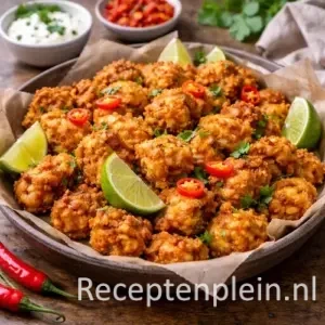 Chicharones de pollo met goudbruin gefrituurde kipstukjes in een rustieke houten schaal bekleed met bakpapier, geserveerd op een robuuste houten tafel met limoenpartjes, rode pepers, verse koriander en schaaltjes dipsaus bij warm natuurlijk licht.
