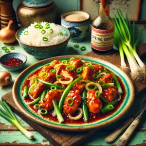 Een levendige en smakelijke foto van Chinese kip met lente-uitjes, geserveerd op een rustiek keramisch bord. Het gerecht bevat malse kipreepjes, gesneden lente-uitjes en sjalot, allemaal omhuld met een glanzende saus van sojasaus, gember, chilisaus en ketchup. Het bord is gegarneerd met extra lente-uitjes en geserveerd naast een kom gestoomde rijst. De setting toont een gezellige vintage keuken met houten werkbladen, pastelgroene en blauwe kastjes, en zacht natuurlijk licht dat door een raam valt. Details zoals verse lente-uitjes, een flesje sojasaus (zonder zichtbare tekst) en rustieke keukengerei versterken de warme en uitnodigende sfeer.