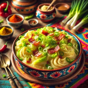 Chinese kool stamppot met spekjes, een romige mix van aardappelpuree, roergebakken Chinese kool, krokante spekjes en nasikruiden. Het gerecht is op smaak gebracht met ketjap manis en kerriepoeder, en gegarneerd met lente-uitjes. Een hartige en smaakvolle maaltijd.
