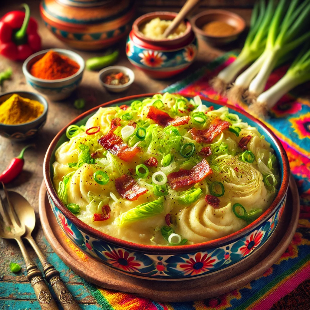 Chinese kool stamppot met spekjes, een romige mix van aardappelpuree, roergebakken Chinese kool, krokante spekjes en nasikruiden. Het gerecht is op smaak gebracht met ketjap manis en kerriepoeder, en gegarneerd met lente-uitjes. Een hartige en smaakvolle maaltijd.