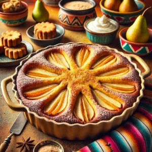 Clafoutis van Peren, goudbruin gebakken met dunne plakjes peer, bestrooid met vanillesuiker en geserveerd met kastanjepuree, een toefje crème fraîche en madeleines. 🌟🍐✨