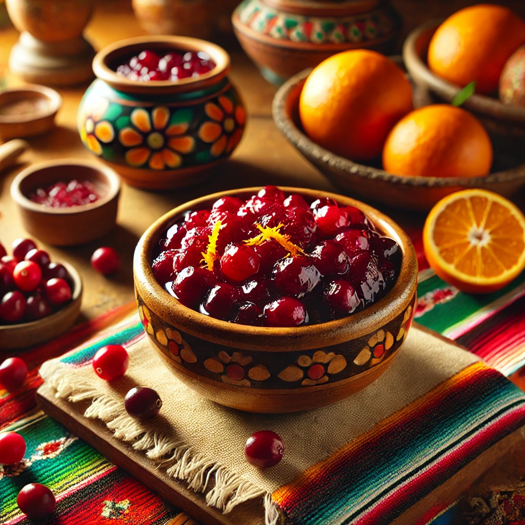 Een natuurlijk gepresenteerde cranberrycompote, geserveerd in een rustieke schaal. De compote toont rijke rode cranberries met een glanzende textuur, gegarneerd met een vleugje sinaasappelschil. De setting bevat een levendige Mexicaans-geïnspireerde decoratie met kleurrijke textielen, verse sinaasappels en zachte natuurlijke verlichting, wat zorgt voor een feestelijke en uitnodigende sfeer, perfect als bijgerecht bij gevogelte of desserts.