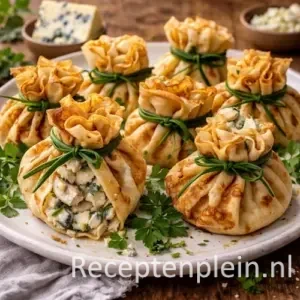 Crêpebuideltjes gevuld met kip en Stilton, dichtgebonden met sprietjes bieslook, gepresenteerd op een keramisch bord op een rustieke houten tafel met stukjes blauwaderkaas, verse kruiden en een linnen doek bij warm natuurlijk licht.