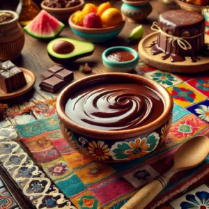 Een levendige, Mexicaans geïnspireerde presentatie van 'Chocoladesaus'. Een klein keramisch schaaltje gevuld met glanzende, rijke chocoladesaus, omgeven door kleurrijke Mexicaanse tegels, levendige textielaccenten en rustieke houten tafeldecoraties. De saus heeft een zijdezachte textuur, met een houten lepel ernaast, licht bedekt met chocolade. De warme en feestelijke sfeer wordt versterkt door subtiele hints van vers fruit en dessertsuggesties op de achtergrond. Er is geen tekst zichtbaar in het beeld.