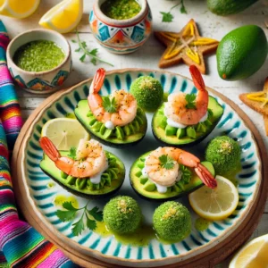 Een frisse en elegante presentatie van avocadohelften gevuld met garnalen, avocadobolletjes en een sausje van crème fraîche. Het gerecht is gegarneerd met felgroene zeekraal en geserveerd op een kleurrijk bord in een feestelijke Mexicaans-geïnspireerde setting. De tafel is gedecoreerd met heldere textielen, schijfjes citroen en kleine toasts in stervorm, wat zorgt voor een vrolijke en uitnodigende sfeer.