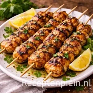 Gemarineerde kipspiesjes met goudbruin gegrilde kip op houten spiesen, gepresenteerd op een keramisch bord op een rustieke houten tafel met citroenpartjes, verse peterselie, kruiden en een linnen doek bij warm natuurlijk licht.