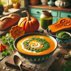 Een warme en feestelijke foto van geroosterde pompoensoep met kokosmelk en korianderpesto, geserveerd in rustieke keramische kommen. De soep is helder oranje en romig, met een swirl van kokosmelk en een toefje heldergroene korianderpesto als garnering. De setting toont een vintage keuken met houten werkbladen, pastelgroene en blauwe kastjes, en zacht natuurlijk licht dat door een raam valt. Details zoals verse koriander, geroosterde pompoenpitten en een broodje versterken de gezellige en uitnodigende kerstsfeer.