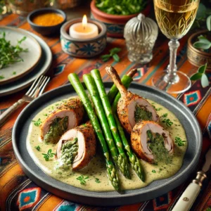 en verfijnde presentatie van gevulde konijnepoten met dragonsaus, geserveerd met groene asperges op een stijlvol bord. De konijnepoten zijn in plakjes gesneden en besprenkeld met een romige dragonsaus, vergezeld van elegante presenteerdetails. De setting is gestileerd met een levendige Mexicaans-geïnspireerde decoratie, waaronder kleurrijke textielen en kleine glaasjes witte wijn, wat zorgt voor een feestelijke en verfijnde eetervaring.