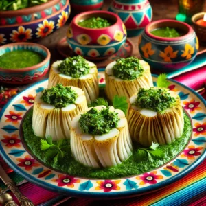 Een levendige presentatie van gevulde selderijbakjes (Céleris aux pistou), gevuld met groene pestosaus en elegant gerangschikt op een bord. Het gerecht is gestileerd in een feestelijke Mexicaans-geïnspireerde setting met kleurrijke textielen en decoratieve elementen, wat zorgt voor een warme en uitnodigende eetervaring. Perfect als een uniek en smaakvol bijgerecht.