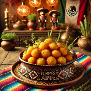 Een levendige, Mexicaans geïnspireerde presentatie van 'Pommes Dauphine'. Goudbruine, knapperige aardappelrozetten zijn stijlvol gerangschikt op een rustiek keramisch bord met kleurrijke Mexicaanse patronen. Het bord staat op een houten tafel, versierd met levendige Mexicaanse textielaccenten. Verse kruiden, zoals bieslook of tijm, zijn over de aardappelrozetten gestrooid, wat een frisse finishing touch toevoegt. De achtergrond straalt warmte uit met subtiele Mexicaanse decoratieve elementen, wat een uitnodigende sfeer creëert.