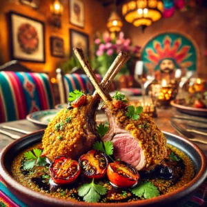 en gastronomische presentatie van lamskoteletten in een mosterdkorst, geserveerd met een rijke balsamico-saus. Het gerecht is gegarneerd met verse kruiden en geconfijte kerstomaatjes. De setting is elegant maar levendig, met een kleurrijk Mexicaans-geïnspireerde decoratie inclusief heldere textielen, warme verlichting en rustieke elementen, wat zorgt voor een feestelijke en uitnodigende eetervaring.