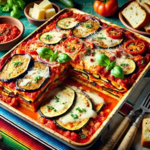 Een levendige en stevige groentelasagne, geserveerd in brede repen, met laagjes aubergine, courgette, geroosterde rode paprika, tomatensaus en gesmolten mozzarella. De lasagne is gegarneerd met verse basilicumblaadjes en een snufje Parmezaanse kaas. Het gerecht wordt gepresenteerd in een rustieke rechthoekige schaal op een kleurrijke Mexicaans-geïnspireerde tafelsetting, omringd door stokbrood en een frisse groene salade, wat zorgt voor een warme en uitnodigende eetervaring.
