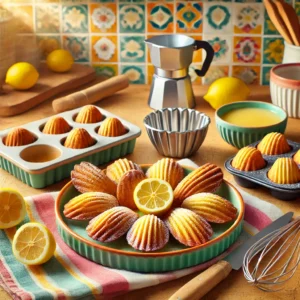 Een moderne en vrolijke keuken met versgebakken madeleines, goudbruin en licht bestrooid met poedersuiker, gepresenteerd op een kleurrijk bord. Op de achtergrond liggen een ingevette madeleinevorm, een garde, en een beslagkom. De houten aanrecht en betegelde achterwand creëren een warme, uitnodigende sfeer.