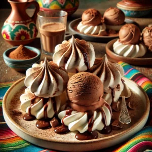 Een luxueuze dessertpresentatie van meringues gevuld met chocolade-ijs, gegarneerd met een vleugje cacaopoeder. De meringues zijn elegant gerangschikt op een bord, met rijk chocolade-ijs dat licht smelt. De setting is gestileerd in een levendig Mexicaans-thema, met kleurrijke textielen en decoratieve elementen die een feestelijke en vrolijke sfeer oproepen.
