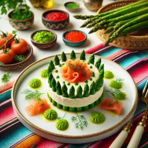 Een elegante presentatie van aspergemousse, geserveerd in nette plakken, gegarneerd met reepjes gerookte zalm, aspergepunten en zalmeitjes. Het gerecht ligt op een chique wit bord met een vleugje crème fraîche-dillesaus aan de zijkant. De setting bevat een levendig Mexicaans-geïnspireerde tafel met kleurrijke tafellakens, verse kruiden en natuurlijke verlichting, wat zorgt voor een feestelijke en verfijnde eetervaring.