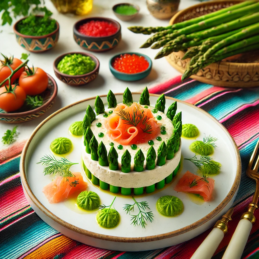 Een elegante presentatie van aspergemousse, geserveerd in nette plakken, gegarneerd met reepjes gerookte zalm, aspergepunten en zalmeitjes. Het gerecht ligt op een chique wit bord met een vleugje crème fraîche-dillesaus aan de zijkant. De setting bevat een levendig Mexicaans-geïnspireerde tafel met kleurrijke tafellakens, verse kruiden en natuurlijke verlichting, wat zorgt voor een feestelijke en verfijnde eetervaring.