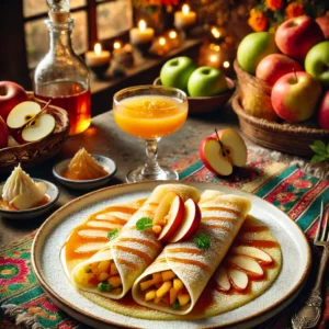 Een uitnodigende en elegante presentatie van Crêpes Normande gevuld met appelcompote, opgerold en geserveerd op een wit bord. Het gerecht is gegarneerd met poedersuiker, verse appelschijfjes en een drizzle van karamelsaus. De setting straalt een gezellige, rustieke sfeer uit met warme verlichting, verse appels en kleurrijke textielen, geïnspireerd door een levendige Franse of Mexicaanse plattelandsesthetiek, wat zorgt voor een verrukkelijke en gastvrije eetervaring.