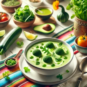 Een lichte en elegante presentatie van velouté de courgettes (courgettesoep), geserveerd in een schone witte kom, gegarneerd met courgetteballetjes en een vleugje verse waterkers. De soep heeft een zachte groene tint en een romige textuur, gestileerd in een heldere en levendige Mexicaans-geïnspireerde setting met kleurrijke textielen, verse ingrediënten en natuurlijke verlichting, wat zorgt voor een vrolijke en verfrissende eetervaring.