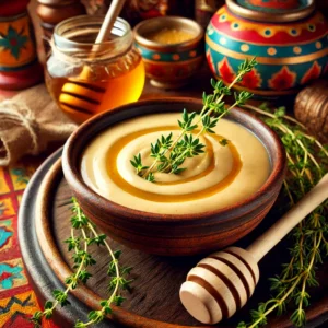 Een romige honing-tijmsaus met kalfsfond, gepresenteerd in een rustieke keramische kom. De saus heeft een zijdezachte textuur en een warme gouden kleur. De kom staat op een houten tafel, omgeven door verse takjes tijm, een klontje boter en subtiele decoratieve elementen die een uitnodigende sfeer creëren. 🌿🍯✨