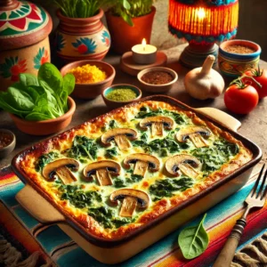 Een warme en troostrijke spinazie-champignongratin, geserveerd in een rustieke ovenschaal. De gratin heeft een goudbruine korst met romige lagen spinazie en champignons, gegarneerd met enkele plakjes champignon bovenop. De setting is gestileerd in een levendig Mexicaans-geïnspireerde decoratie met kleurrijke textielen, verse ingrediënten en warme verlichting, wat zorgt voor een uitnodigende en gezellige eetervaring.