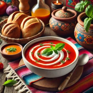 Een troostrijke en elegante presentatie van velouté de tomates (tomatensoep), geserveerd in een witte kom. De soep heeft een rijke rode kleur, is gegarneerd met een swirl van room en verse basilicumblaadjes. De setting bevat vers gebakken brood aan de zijkant, met een levendige Mexicaans-geïnspireerde decoratie met kleurrijke textielen, zachte natuurlijke verlichting en rustieke houten elementen, wat zorgt voor een warme en uitnodigende