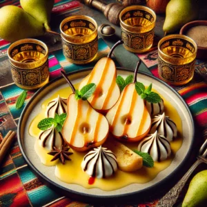 Een elegante dessertpresentatie van Sabayon William, met gemarineerde peren besprenkeld met een warme, romige sabayon-saus en gegarneerd met verse muntblaadjes. Het gerecht is gestileerd op een verfijnd bord, omringd door decoratieve elementen zoals perenschijfjes en kleine glaasjes eau de vie. De setting heeft een levendig Mexicaans-geïnspireerd decor, wat een feestelijke en uitnodigende sfeer toevoegt aan dit voortreffelijke dessert.