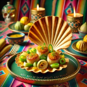 Een luxueuze en elegante presentatie van Noix de Saint Jacques aux poireaux (Sint Jacobsschelpen met prei), geserveerd in decoratieve schelpen met een gouden bladerdeeglaag. Het gerecht bevat malse coquilles op een bedje van gebakken prei en venkel, gegarneerd met een vleugje kerriepoeder. De setting is gestileerd in een levendig Mexicaans-thema met kleurrijke textielen, heldere citrusaccenten en zachte verlichting, wat zorgt voor een feestelijke en uitnodigende eetervaring.