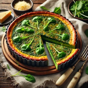 Een prachtig gepresenteerde spinazieflan met goudbruine randen en een rijke groene binnenkant, geserveerd op een rustieke houten tafel. De flan is in elegante punten gesneden en gegarneerd met verse tuinkers. Vintage bestek, een linnen servet en een schaaltje geraspte Parmezaanse kaas completeren de uitnodigende presentatie. 🍃✨
