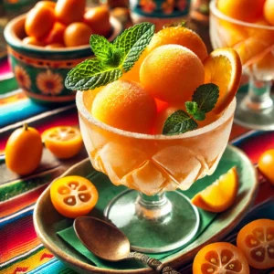 en verfrissende sorbet van kumquats en Grand Marnier, geserveerd in elegante glazen met levendige oranje tinten, gegarneerd met plakjes kumquat en een takje munt. De sorbet is gepresenteerd op een feestelijke Mexicaans-geïnspireerde tafelsetting, met kleurrijke tafellakens en decoraties met een citrus-thema, wat zorgt voor een vrolijke en verfrissende dessertervaring.