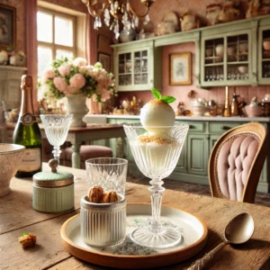 Een kristallen glas gevuld met sorbet au champagne, gegarneerd met een takje munt, op een rustieke houten tafel. Op de achtergrond een vintage keuken met pastelgekleurde tegels, zacht invallend daglicht en flessen mousserende wijn op een plank.
