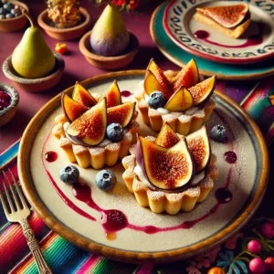 Een elegante dessertpresentatie van Pastina con Vico (vijgentaartjes), bestaande uit laagjes goudbruin bladerdeeg, gekarameliseerde vijgen en peren. De taartjes zijn bestrooid met poedersuiker en gepresenteerd op een bord met een levendige besensaus. De setting is gedecoreerd in een feestelijk Mexicaans-thema met kleurrijke tafellinnen en decoratieve vruchten, wat zorgt voor een vrolijke en verfijnde eetervaring.