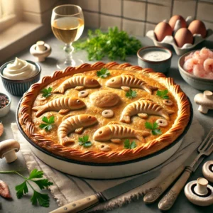en rustieke vispastei in een ronde taartvorm, bedekt met goudbruin bladerdeeg en versierd met kleine deegvisjes. Op de tafel liggen verse ingrediënten zoals peterselie, champignons, garnalen en visfilets. Een klein schaaltje crème fraîche en een glas witte wijn completeren de gezellige setting. De achtergrond toont een moderne keuken met een subtiele betegelde achterwand en zachte natuurlijke lichtinval, wat een warme en uitnodigende sfeer creëert.