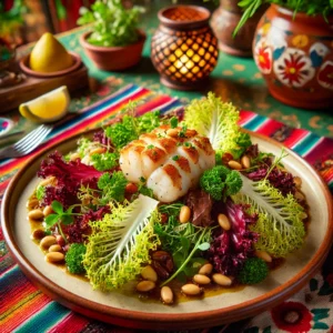 Een verfijnde warme salade van zeeduivel met geroosterde pijnboompitten, geserveerd op een bed van gemengde sla, waaronder rode sla, frisée en eikenbladsla. Het gerecht is gegarneerd met verse waterkers en takjes kervel, besprenkeld met een vinaigrette, en elegant gepresenteerd op een bord. De setting is gestileerd met een levendige Mexicaans-geïnspireerde decoratie, met kleurrijke textielen en warme verlichting, wat zorgt voor een vrolijke en uitnodigende eetervaring.
