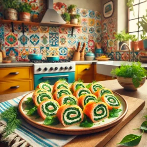 Een modern, vrolijk ingerichte Mexicaanse keuken met een bord zalm spinazierolletjes. De rolletjes zijn op smaakvolle wijze geserveerd, met frisse kruiden zoals dille en peterselie. De heldere groene spinazie en zachte zalm vullen de goudbruine pannenkoeklaag, met op de achtergrond kleurrijke tegels en keukenaccessoires die een warme en gastvrije sfeer uitstralen.